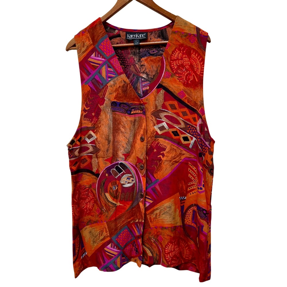Karen Kane Vintage Tribal Print Vest Womens Large‎ Orange Red Abstract 90s USA